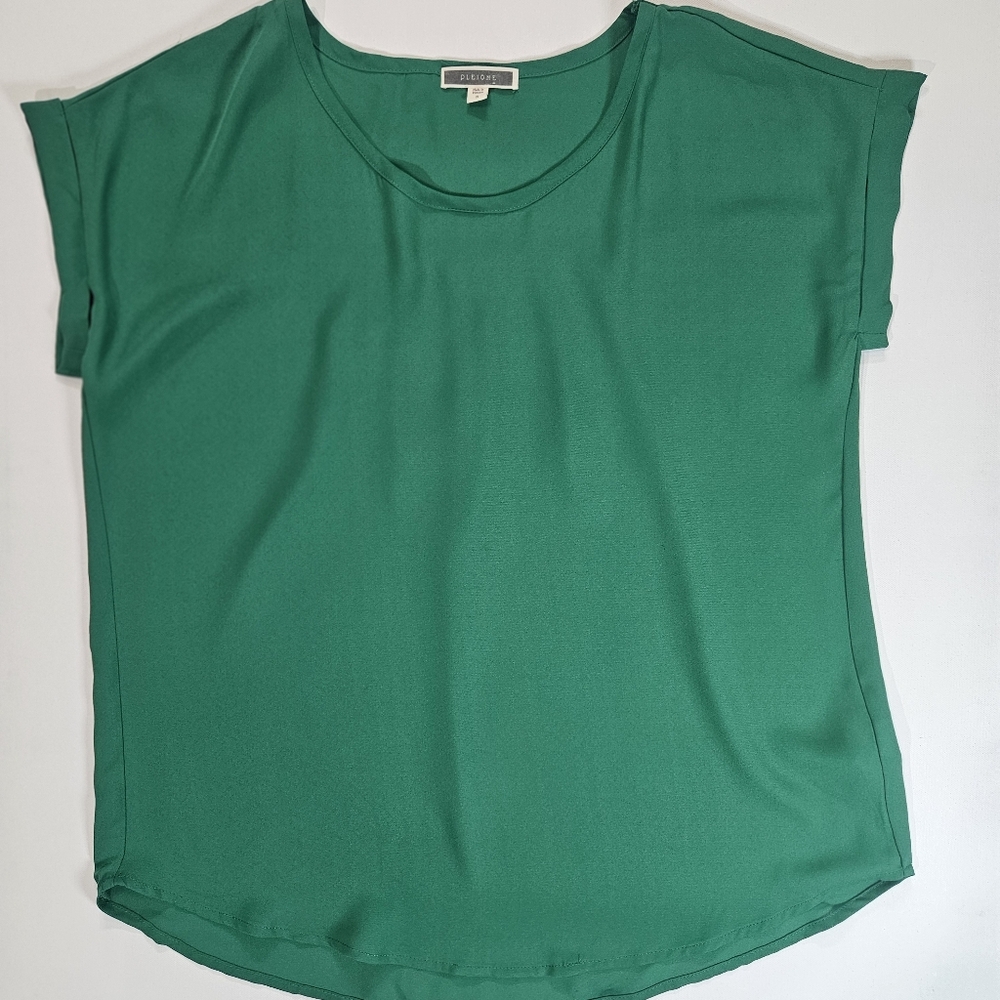 Pleione Womens Dress Shirt Small Green Pleated Back Minimalist Office Career Top
